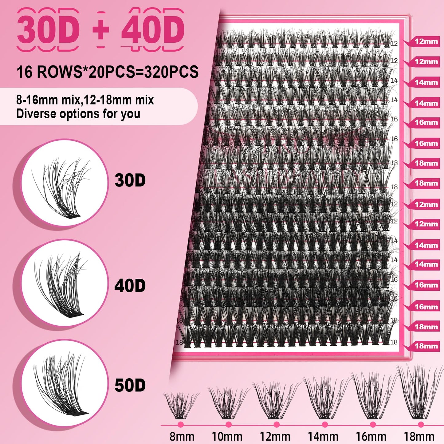 Lash CIusters 320Pcs Individual Lashes 3D Fluffy Cluster Lashes Natural Look Eyelash Clusters Faux Mink Wispy Lashes 30D+40D-D Mixed DIY Lash Extension (3D Fluffy-30D+40D-D,12-18mix)