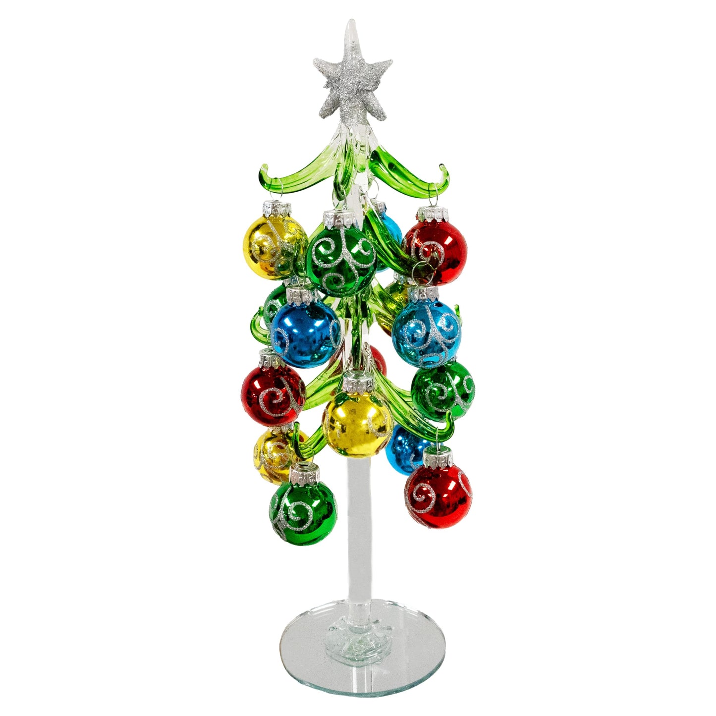 Red Carpet Studios Miniature Glass Christmas Tree with 16 Glitter Ornaments, 10-Inches, Silver