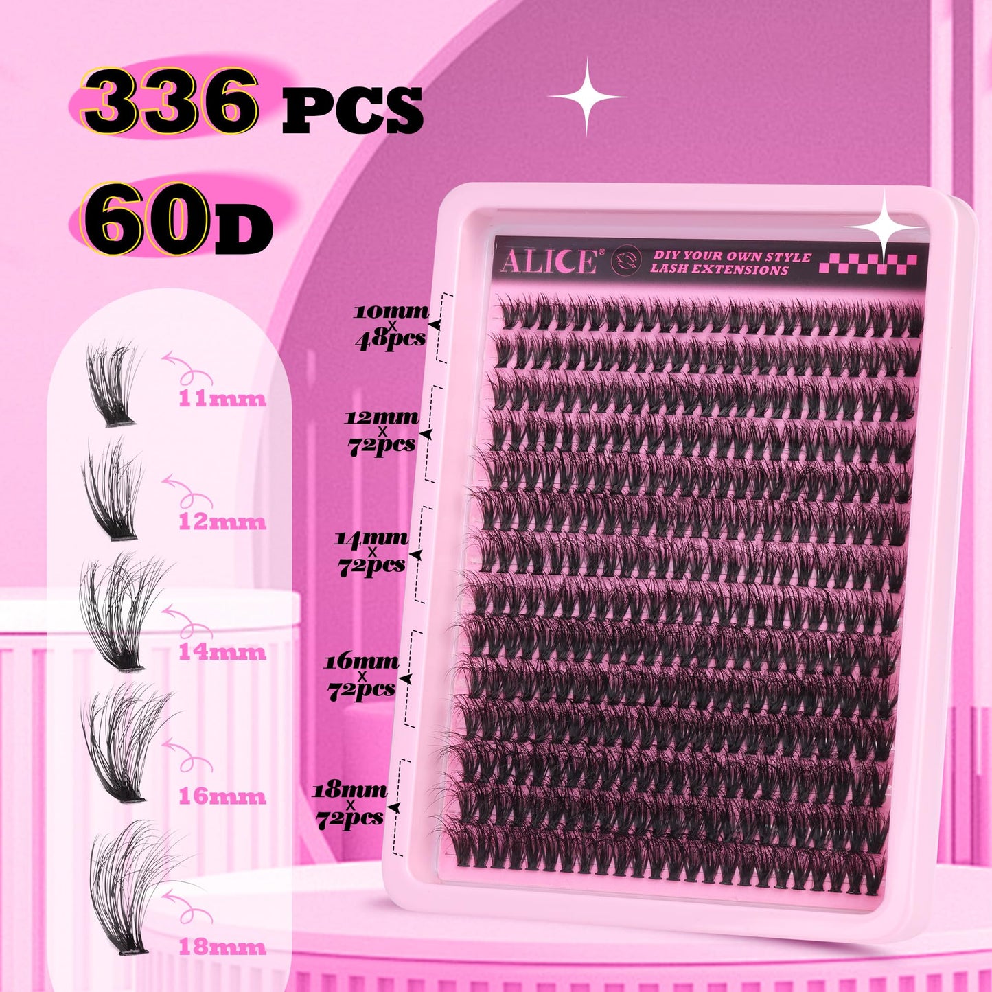 ALICE 336pcs Lash Clusters Fluffy Thick 60D Cluster Eyelash Extensions DIY Lash Extensions Wispy Faux Mink Individual Lashes Mix 10-18mm Long Eyelash Clusters