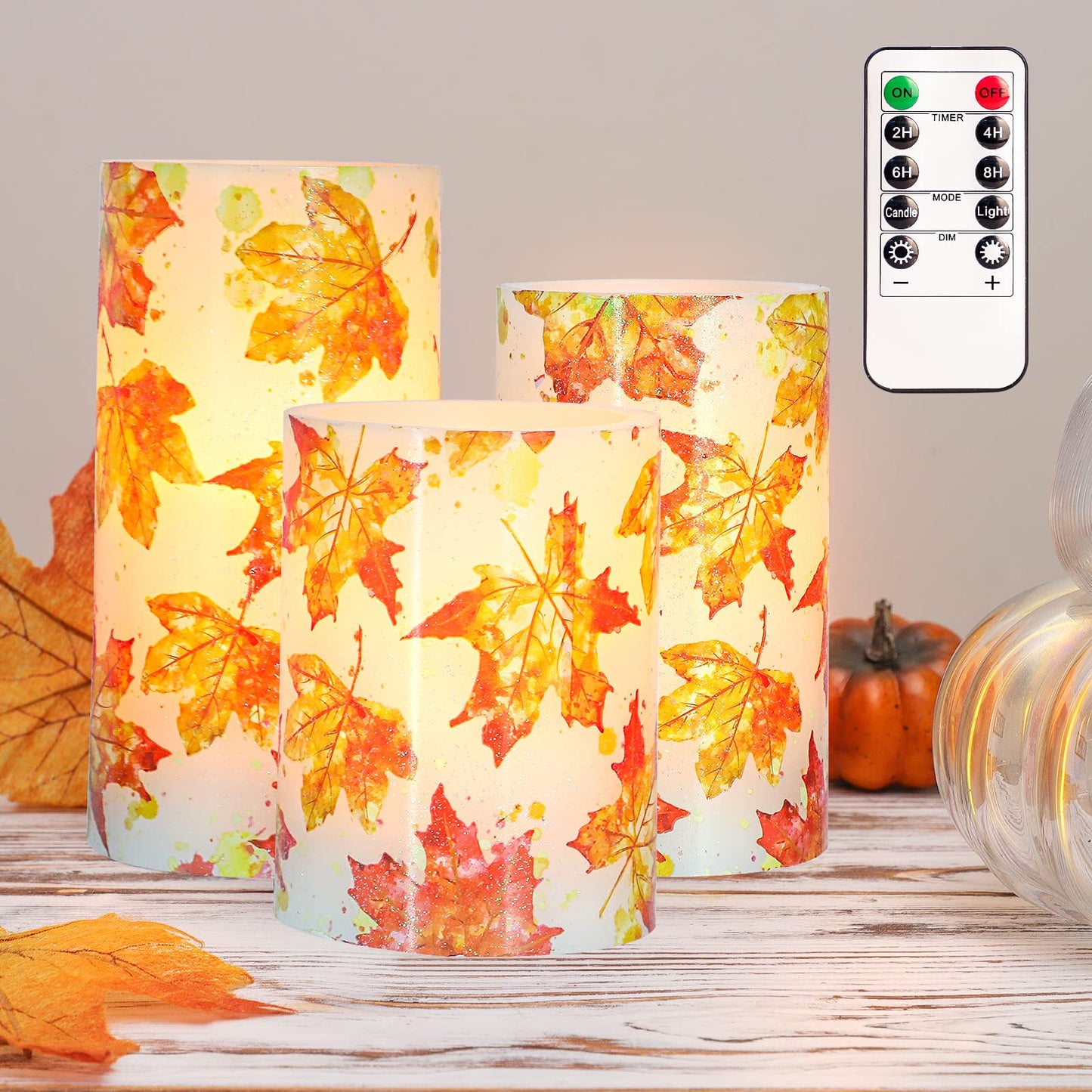 REVELBUNNY Fall Decor Flameless Candles, Autumn Maple Leaves LED Candles with Remote Timer, Battery Powered Pillar Candles for Thanksgiving Party Wedding Decoration, D3 x H4 5" 6" Set of 3