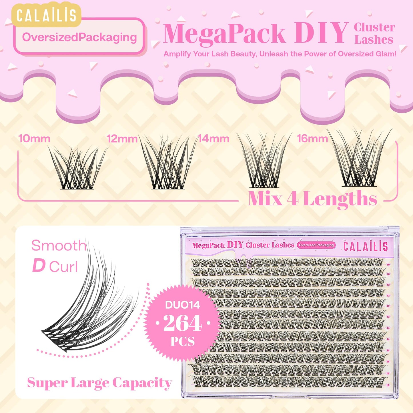 CALAILIS Lash Clusters DIY Eyelash Extensions 264pcs Oversized Packaging Natural Cluster Lashes Mega Volume Individual Lashes Wispy Eyelash Clusters(MPDUO14,D-10-16MIX)