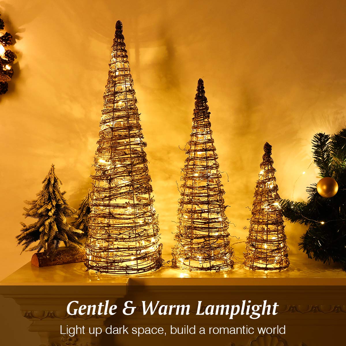 Lewondr Christmas Cone Trees, Set of 3 Christmas Tree with Lights and Winding Rattan Vine(24"/18"/12"), Battery Powered Decorative Cone Christmas Tree Cone Light for Home Holiday Xmas Décor, Natural