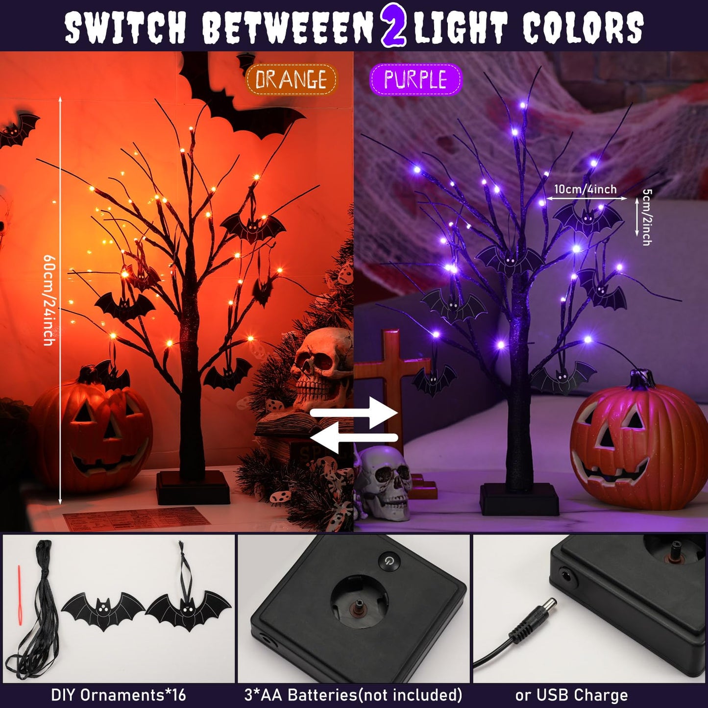 Retisee 2 Set Halloween Tree Decoration with 24 Purple Orange LED Light 16 Bats 2 ft Light up Halloween Table Centerpiece Black Glitter Spooky Battery Powered Timing Tree for Halloween Tabletop Indoor