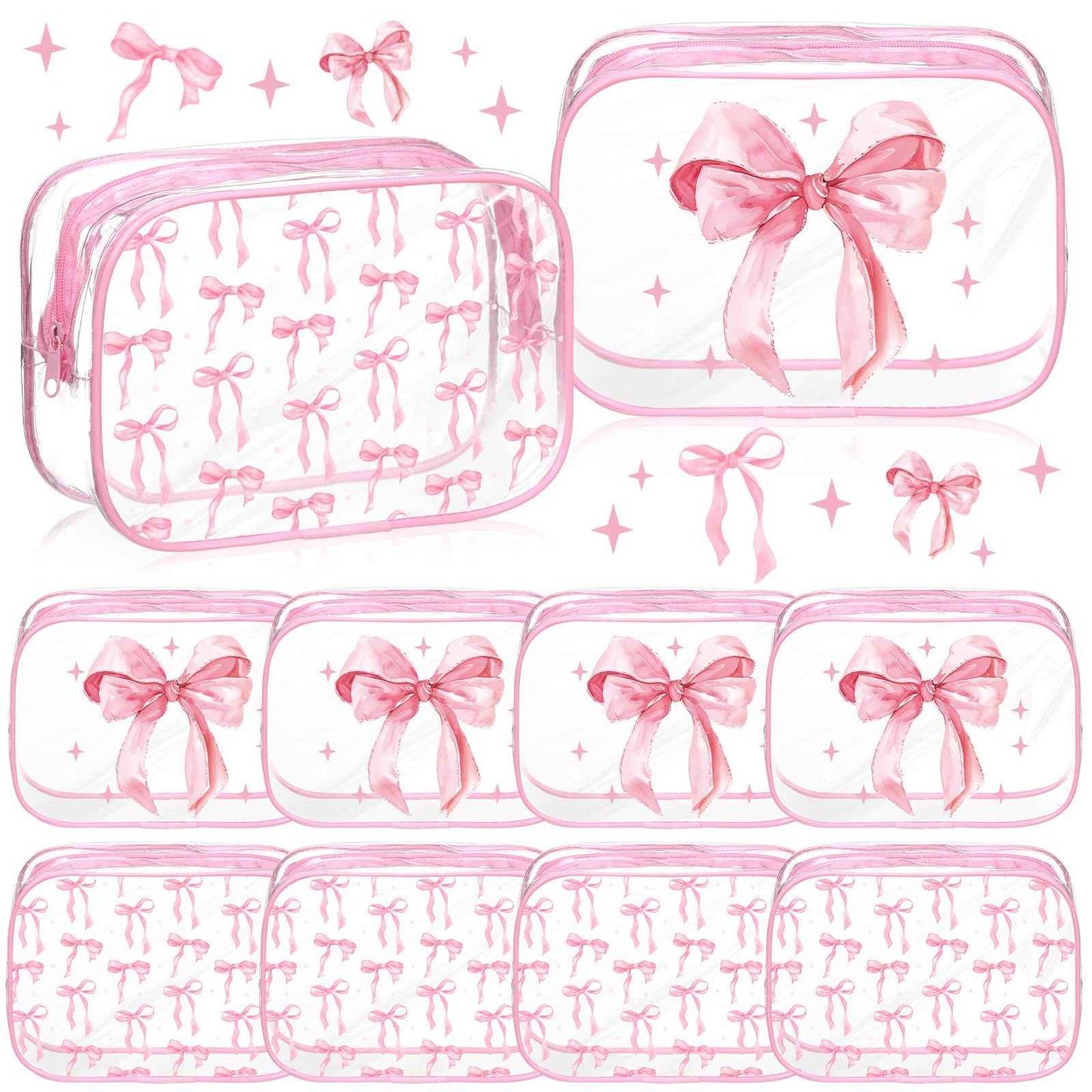 Kacctyen Pink 10 Bow Clear Makeup Bag Coquette Cosmetic Bag for Women Girl Christmas Preppy Bow Gift Accessories PVC Waterproof Travel Toiletry Pouch for Stocking Stuffer Bridal Wedding