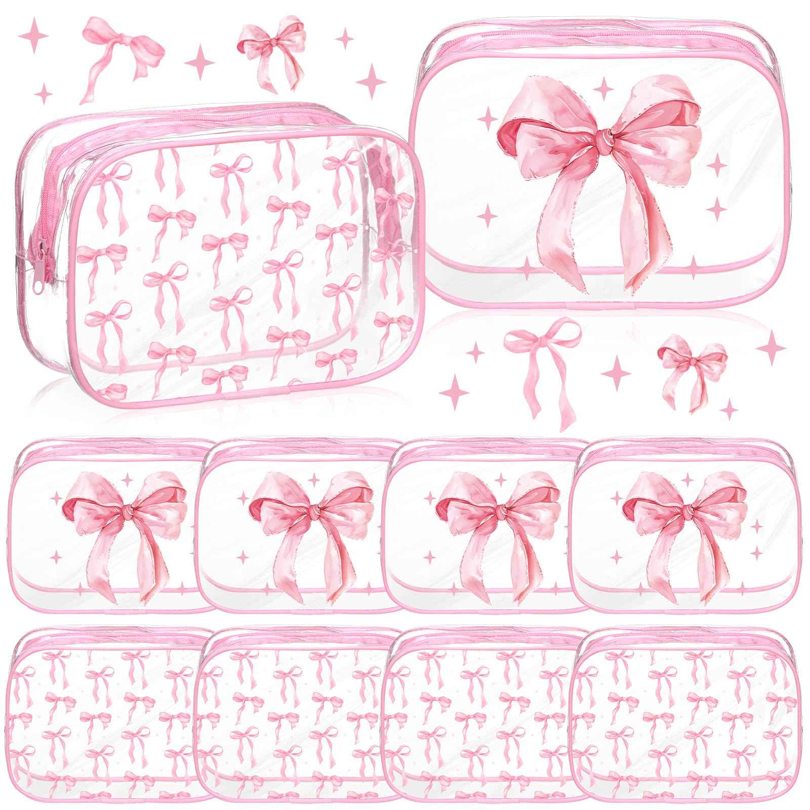 Kacctyen Pink 10 Bow Clear Makeup Bag Coquette Cosmetic Bag for Women Girl Christmas Preppy Bow Gift Accessories PVC Waterproof Travel Toiletry Pouch for Stocking Stuffer Bridal Wedding
