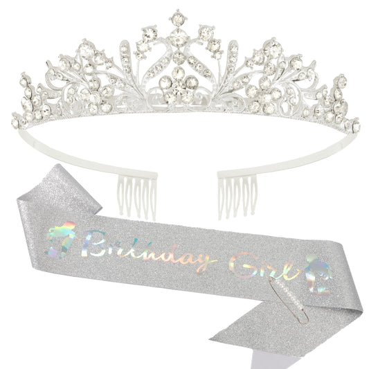 Vovii Tiaras for Girls Birthday Girl Sash and Rhinestone Tiara Set Birthday Crown and Sash Princess Crown Tiaras for Girls Happy Birthday Party Accessories