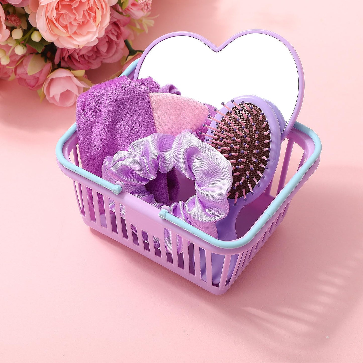 SiliFine 32 Pcs Spa Party Supplies Sleepover Party Favors with 8 Lovely Basket 8 Heart Shaped Mirror 8 Headbands 8 Satin Hair Scrunchies 8 Hair Brush for Spa Birthday Party Gift(Purple)