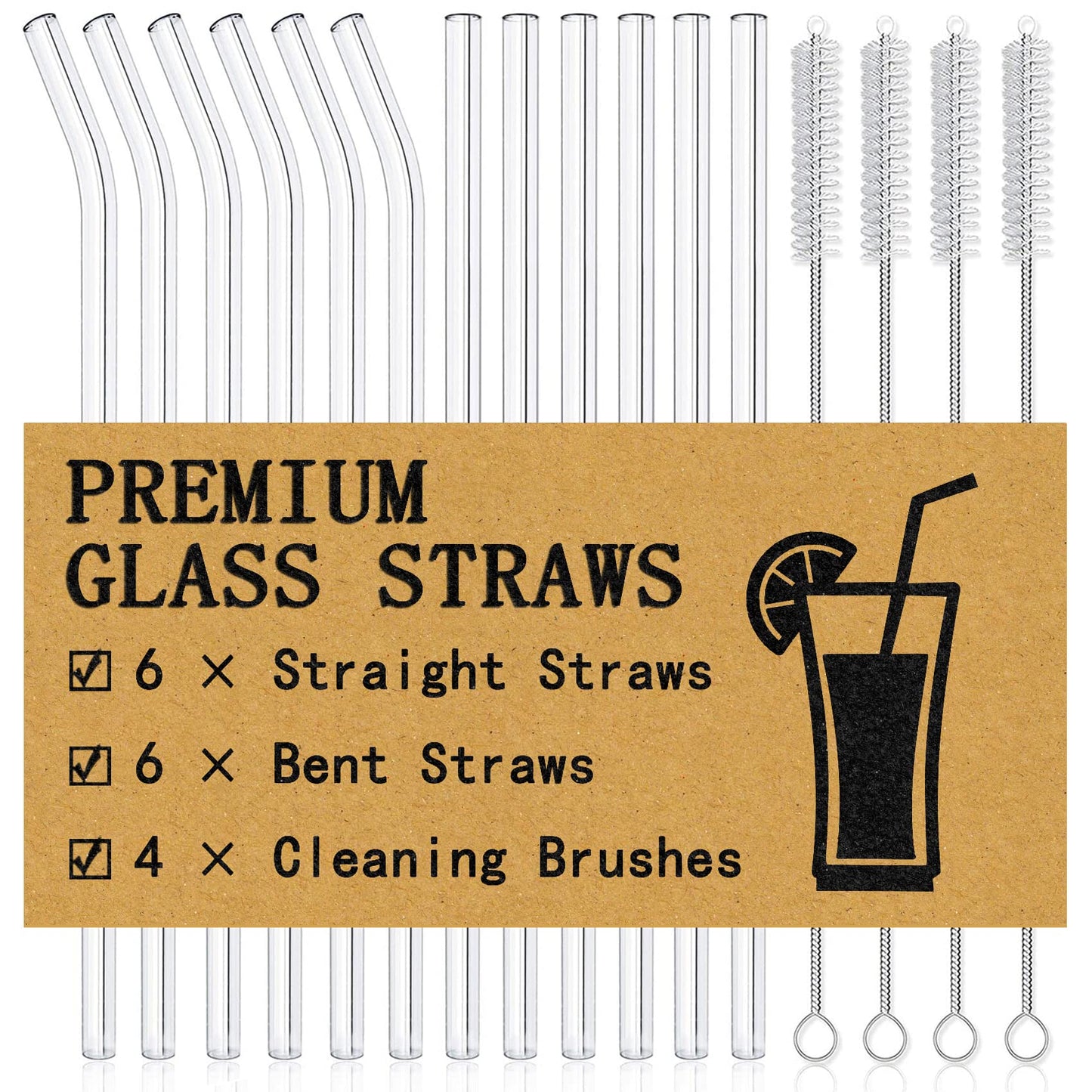 Piteno® 16-Pack Reusable Glass Straws, Clear Glass Drinking Straws, 10''x10MM, Set of 6 Straight and 6 Bent with 4 Cleaning Brushes, Perfect for Smoothies, Milkshakes, Juice, Tea