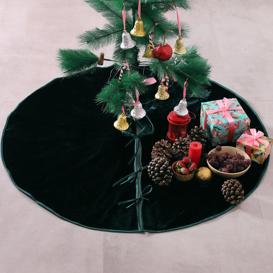 Christmas Tree Skirt, 48 Inch Velvet Tree Skirt, Boho Xmas Tree Mat for Holiday Farmhouse Decorations Rustic Luxury Tree Skirt, Emerald Green Tree Skirt