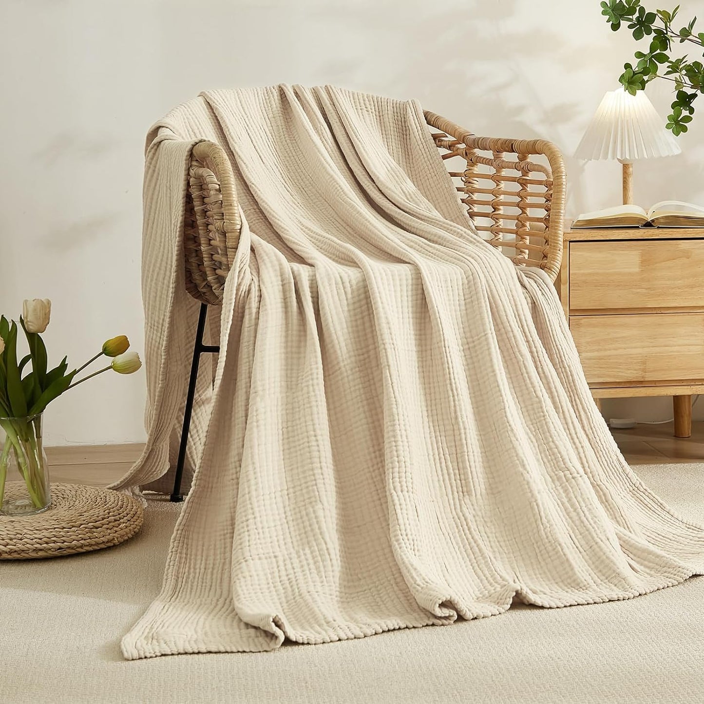 EMME Cotton Throw Blanket Large 50"x70" 100% Muslin for Couch Breathable Gauze All Season Soft and Lightweight Pre-Washed (Light Tan)