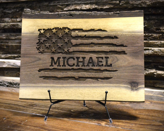 Personalized Cutting Board Wedding Gift Walnut Live Edge Artisan Rustic Display Unique Custom Engraved Anniversary Bride Groom Newlywed Couple Parents Housewarming Christmas (American Flag Name Text)