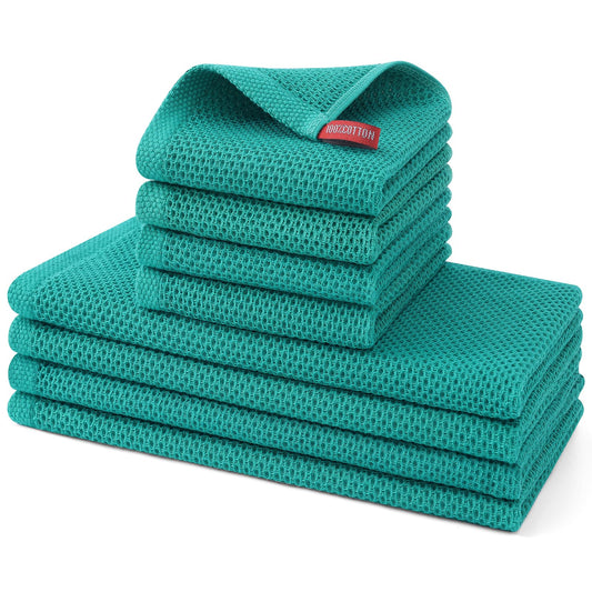 Kitinjoy 100% Cotton Kitchen Towels and Dishcloths Set, 8 Pack Waffle Weave Dish Towels Ultra Soft Absorbent Quick Drying Dish Rags, 13 x 28 Inch and 12 X 12 Inch, Teal