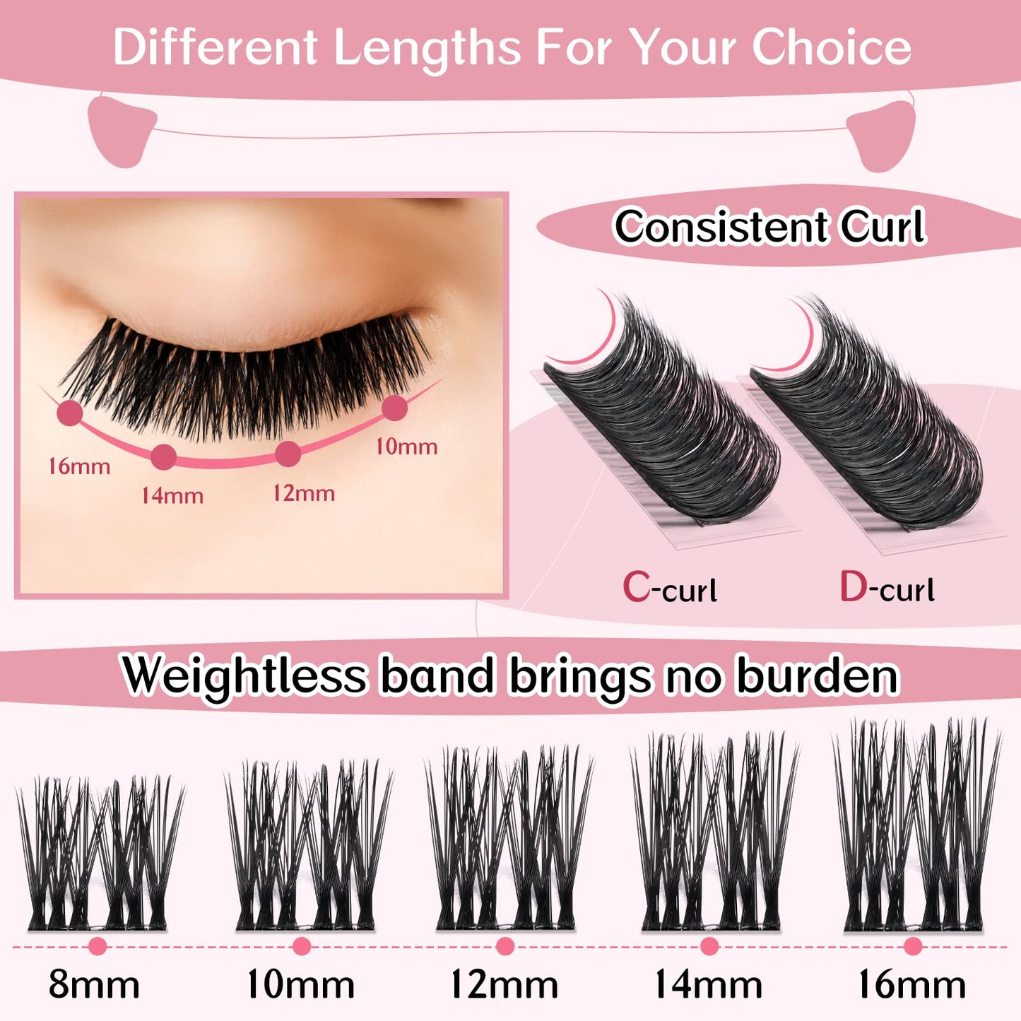 Cluster Lashes, 72 Pcs Individual Lashes, Lash Clusters DIY Eyelash Extension, Super Thin Band Reusable Soft & Comfortable (Freedom-D-8-16mix)