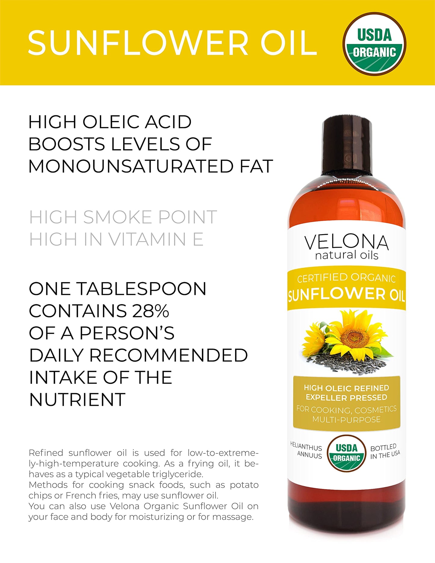 velona USDA Certified Organic Sunflower Oil - 64 oz | 100% Pure and Natural Carrier Oil | High Oleic, Refined, Cold Pressed | Cooking, Skin, Hair, Body & Face Moisturizing