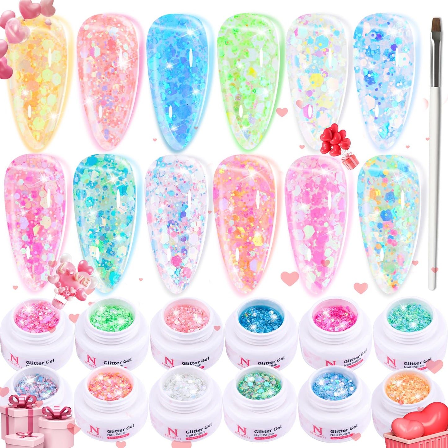 noirwhite Glitter Gel Nail Polish Set -12 Colors Sparkle Sequins Gel Polish Resplendent Colorful Trendy Translucent Glitter Solid Gel Nail Polish Kit Soak Off UV LED for Home DIY Salon with Brush