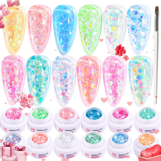 noirwhite Glitter Gel Nail Polish Set -12 Colors Sparkle Sequins Gel Polish Resplendent Colorful Trendy Translucent Glitter Solid Gel Nail Polish Kit Soak Off UV LED for Home DIY Salon with Brush