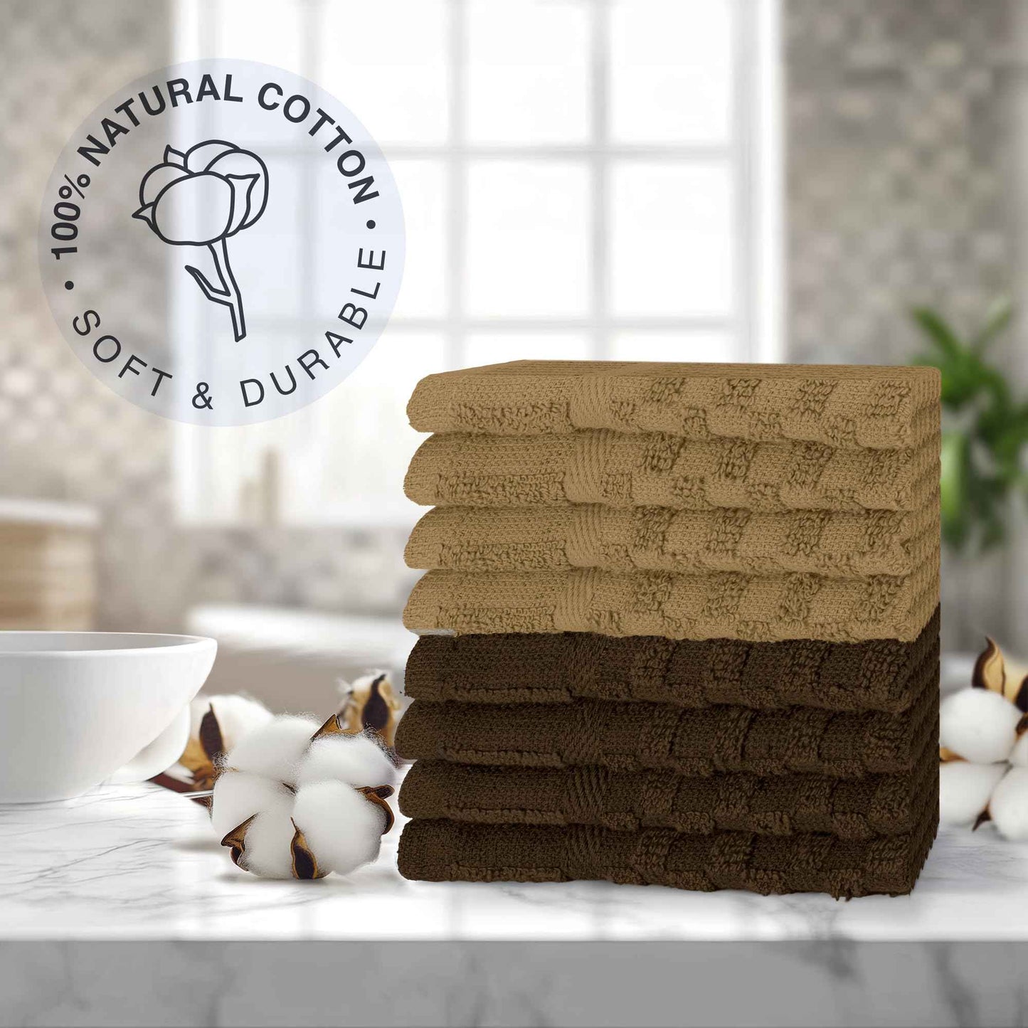 DecorRack 8 Pack 100% Cotton Wash Cloth, Luxurious Soft, 12 x 12 inch Ultra Absorbent Jacquard Towels, Machine Washable Washcloths, Cappuccino Set (8 Pack)