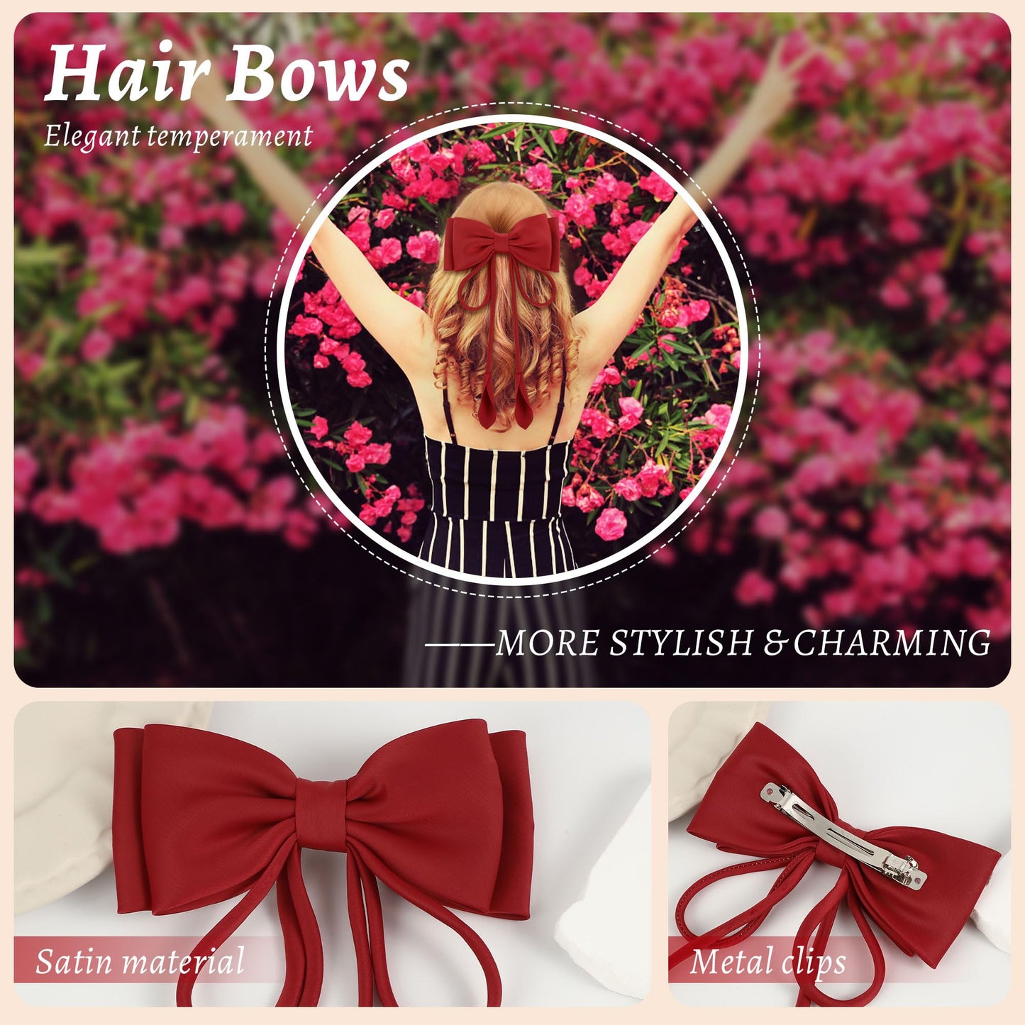 Big Bow Hair Clips for Girls, Silky Satin Hair Bows Clips Tail, Large Hair Barrettes for Women,Big Hair Bow,Metal Clips Hair Bow for Women，Hair Bows for Women (1 Pcs Red)