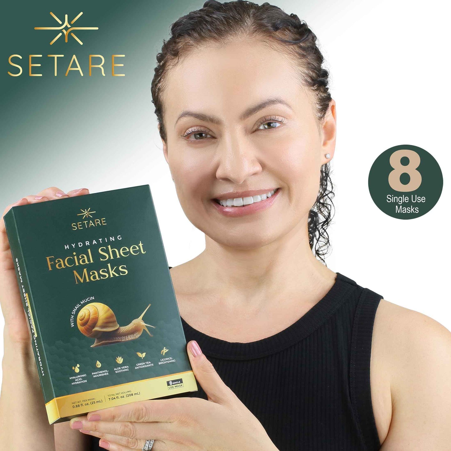 Setare Hydrating Sheet Masks with Snail Mucin, Collagen, Hyaluronic Acid & Premium Botanicals, Korean Beauty Tech, for All Skin Types - 8 Pack