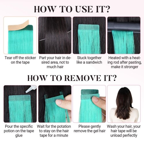 MAXITA Tape in Hair Extensions Human Hair Teal Green Tape in Extensions, 10pcs 25g 14 Inch Remy Invisible Tape Ins Straight Colored Soft Real Human Hair Tape in Extensions Natural Hair Extensions