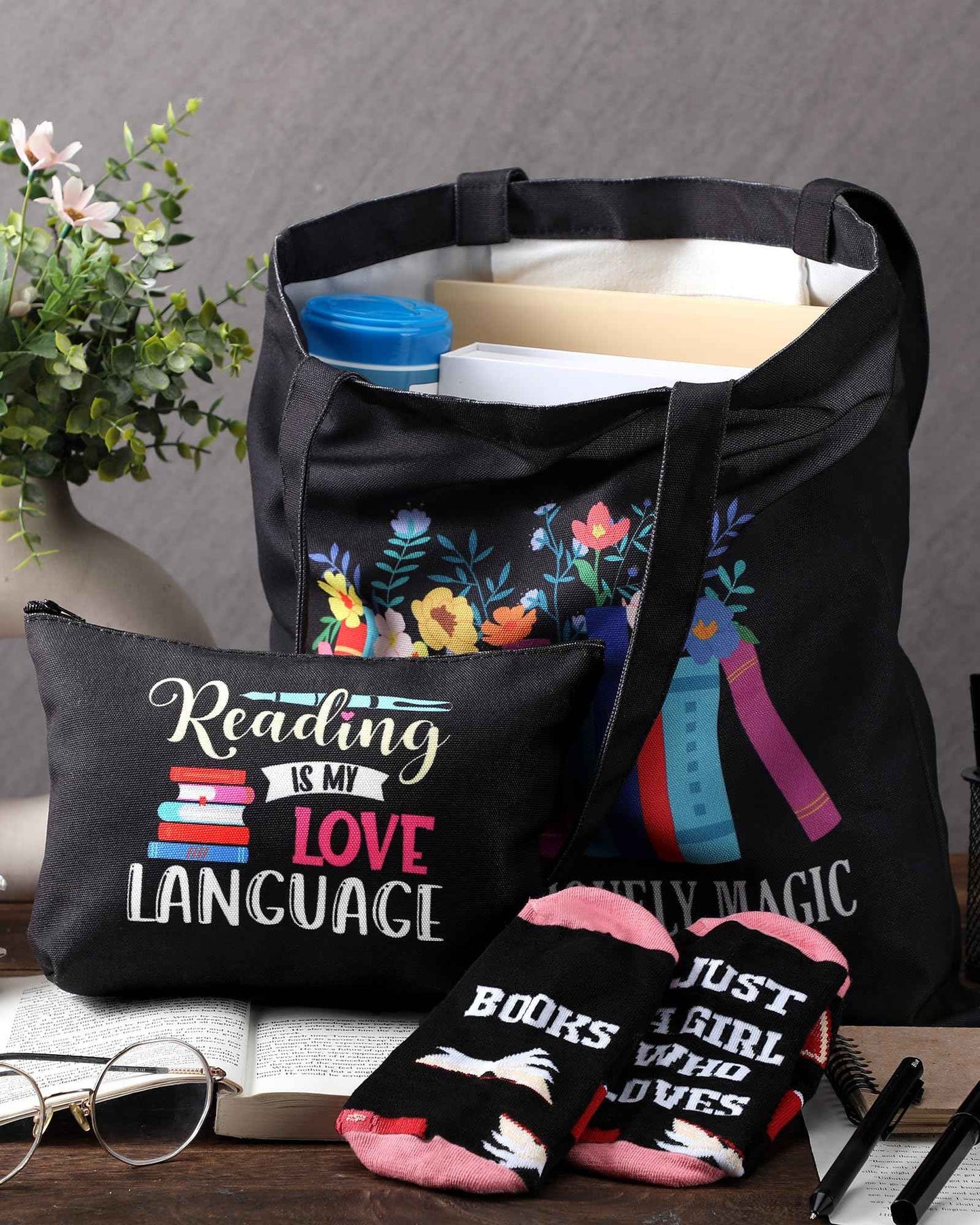Huhumy 3 Pcs Book Lover Gifts for Women Library Tote Bag Novelty Book Socks Cosmetic Bag Christmas Bookish Gifts for Reading Lovers Librarian Colleagues Teachers Friends Bookworms Authors