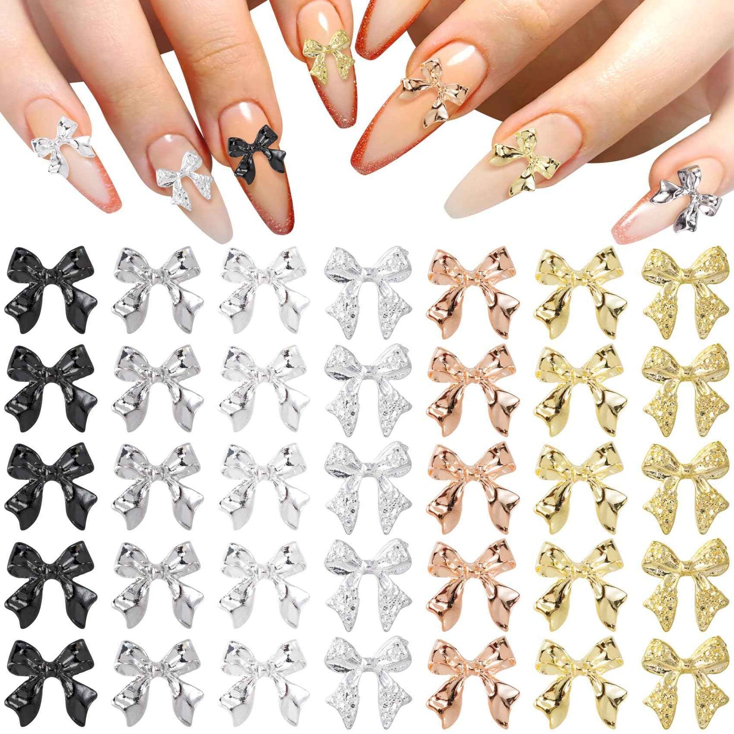 HINZIC 70Pcs 3D Bow Nail Charm Gold Silver Black Cute Bowknot Nail Art Bows Alloy Glitter Acrylic Rhinestones Gems Valentine Wedding Prom Jewelry Decoration for Women Manicure Cards Making