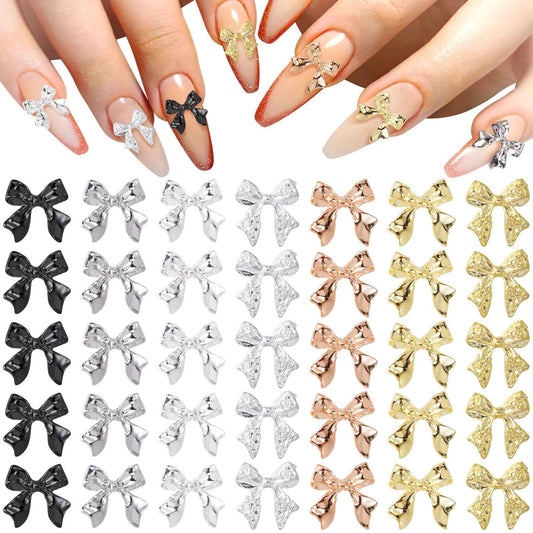 HINZIC 70Pcs 3D Bow Nail Charm Gold Silver Black Cute Bowknot Nail Art Bows Alloy Glitter Acrylic Rhinestones Gems Valentine Wedding Prom Jewelry Decoration for Women Manicure Cards Making