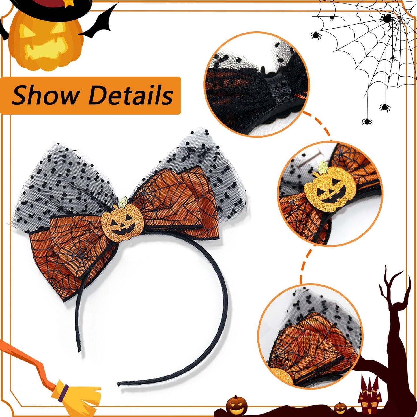 BELSITA Halloween Headbands Pumpkin Bow Design Hair Bands Happy Halloween Party Hair Accessories for Kids Women Cute Pumpkin Mesh Headwear Hair Hoop for Halloween Hair Decorations 1Pcs