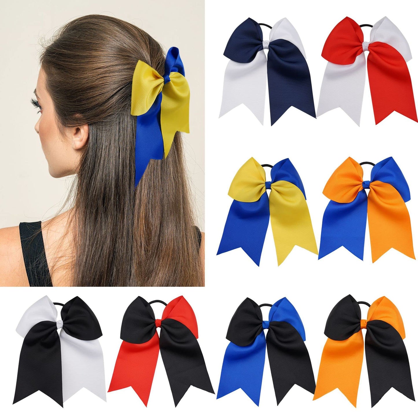 ZOONAI Women Teen Girls 7.5 Inch Cheer Bows (Navy+White, Large) - Hair Tie Accessories Big Hair Bow Ponytail Holder - Perfect for Everyday Wear and Ideal Gift for Women of All Ages