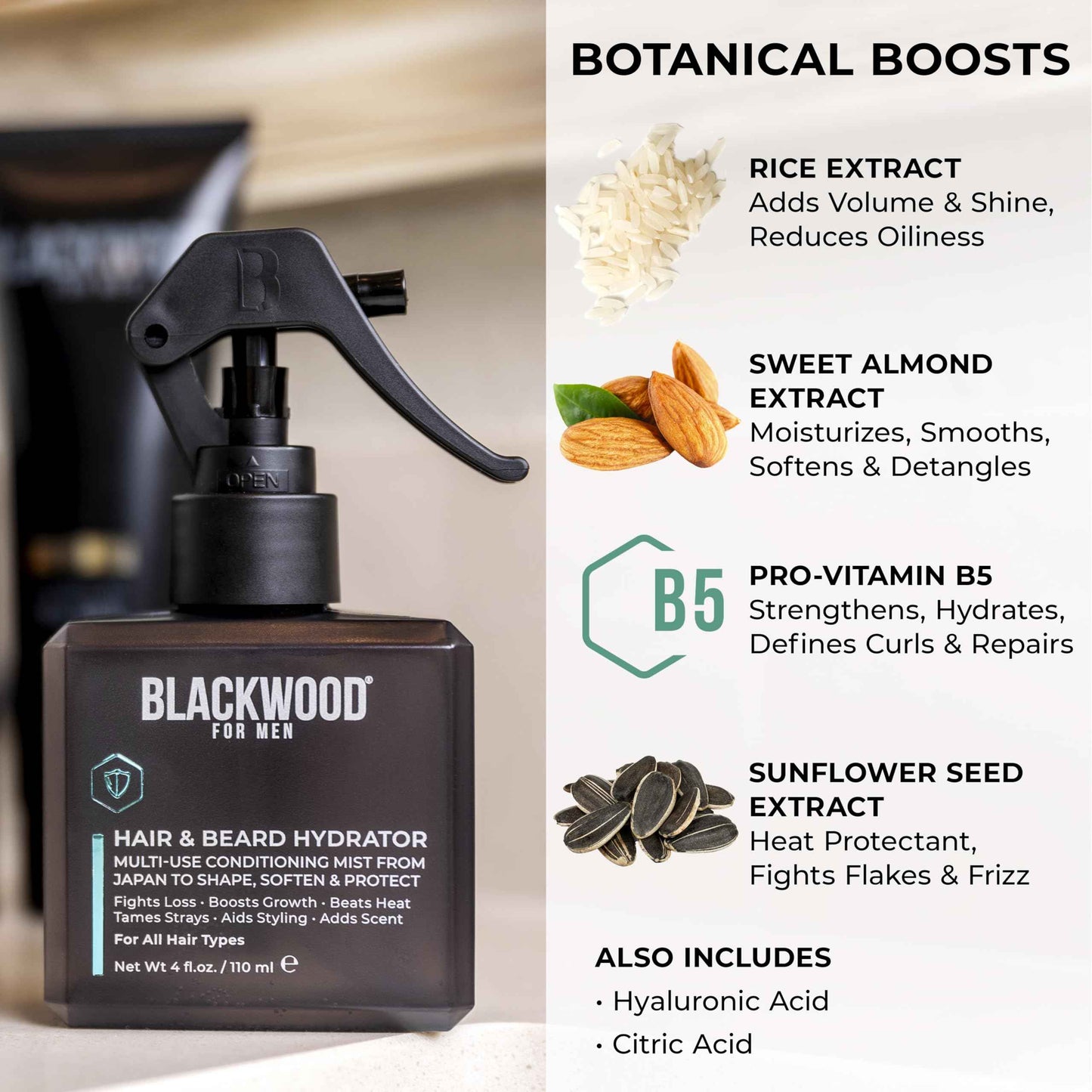 Blackwood For Men Hair & Beard Hydrator Spray (4oz) + Double Duty Beard & Body Scrubber Bundle - Vegan & Natural Leave-In Conditioner - Dual-Sided Men's Shower Tool