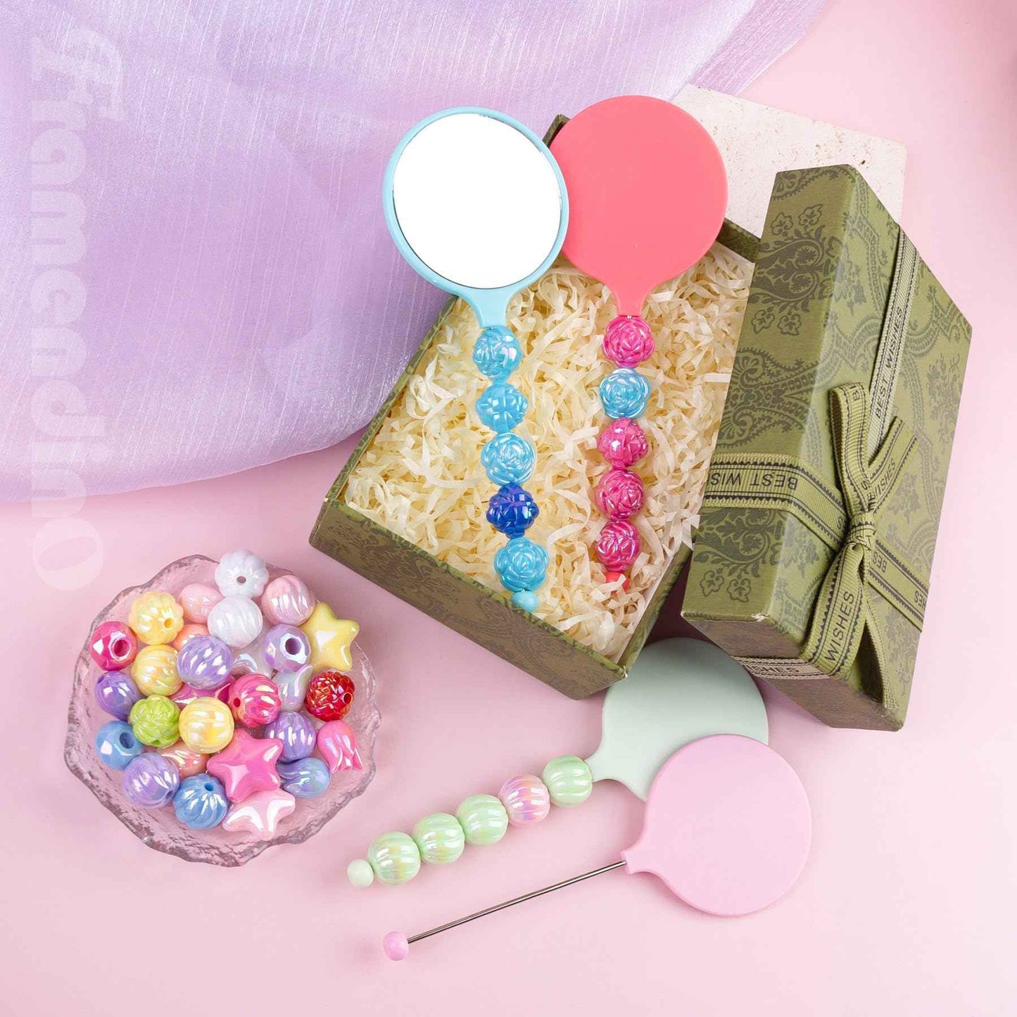 Framendino, 19 Pack Beaded Bar Handheld Mirrors Mini Round for DIY Crafts 19 Colors