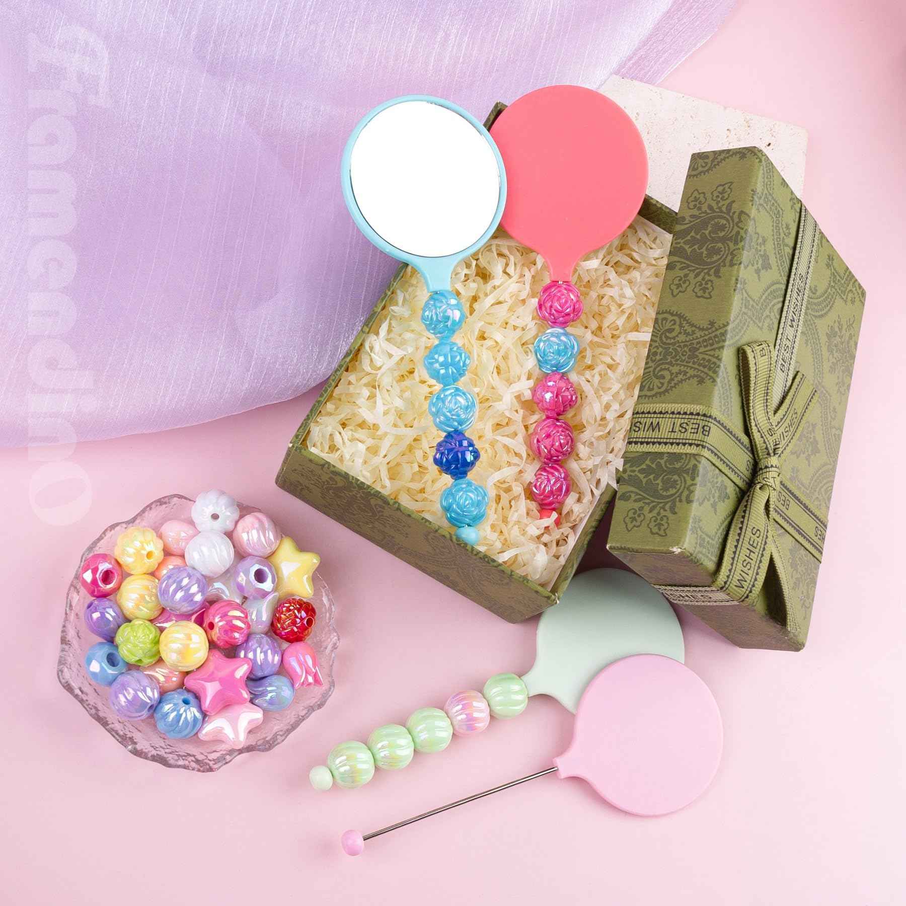 Framendino, 19 Pack Beaded Bar Handheld Mirrors Mini Round for DIY Crafts 19 Colors