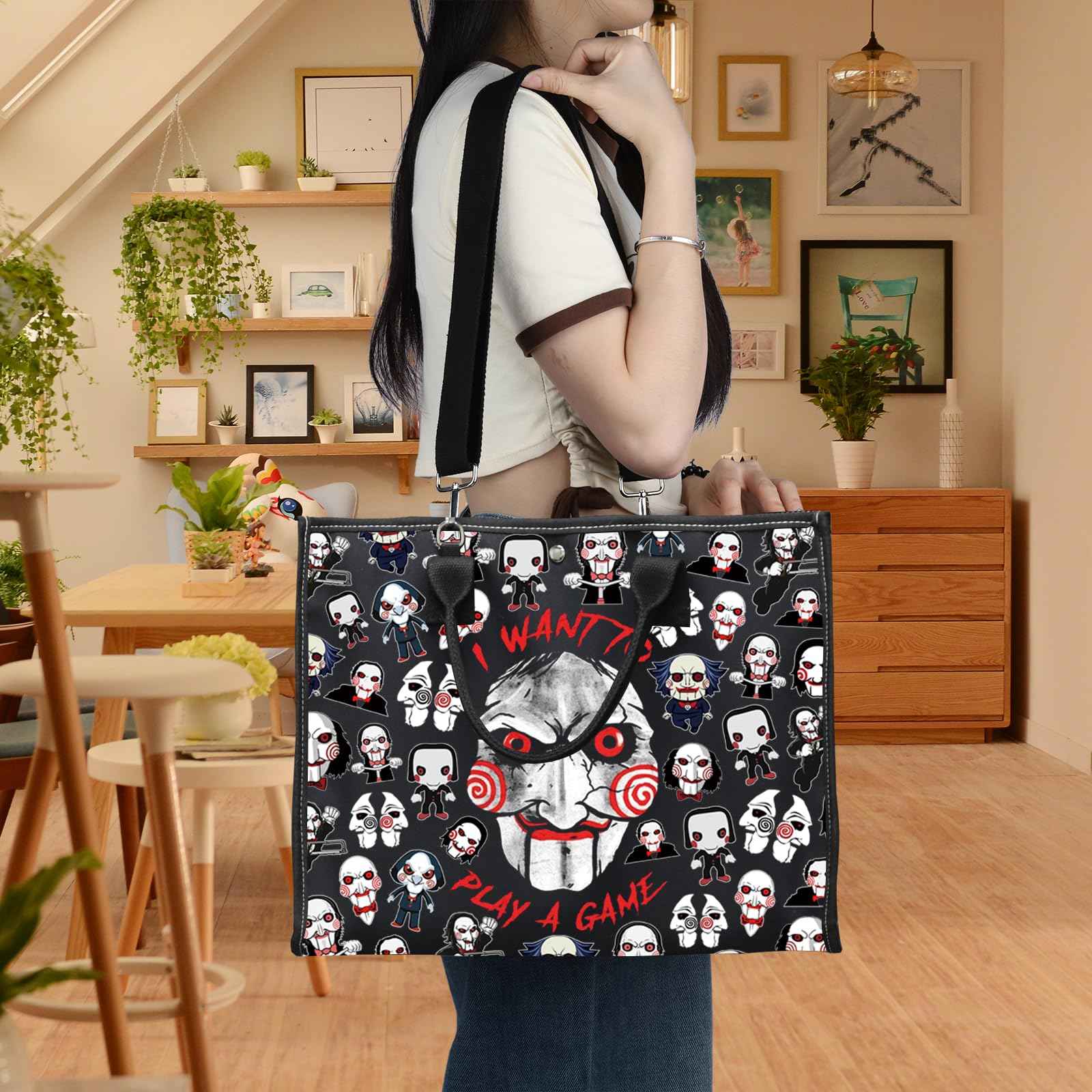 LEVLO Jigsaw Killer Tote Bag Horror Movie Fans Gift I Want To Play A Game Jigsaw Killer Shoulder Bag Horror Movie Merch (Play A Game LT)
