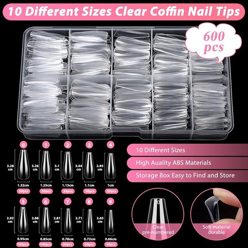 600PCS Clear Coffin Nail Tips Set with Glue, Display Stand & Nail Tools - Qinzave Acrylic Full Cover