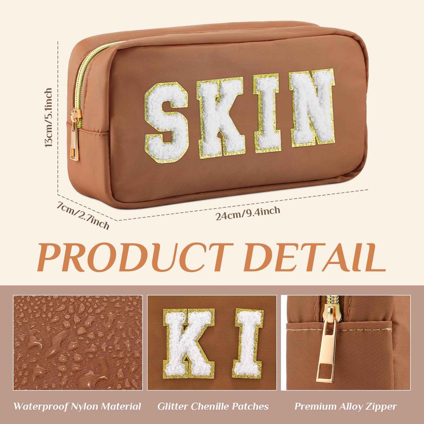 Cunno 4 Pcs Preppy Makeup Bags Chenille Letter Stuff Bag Nylon Cosmetic Pouch Cases with Zipper for Women Travel Toiletry(Brown Set,Vivid)