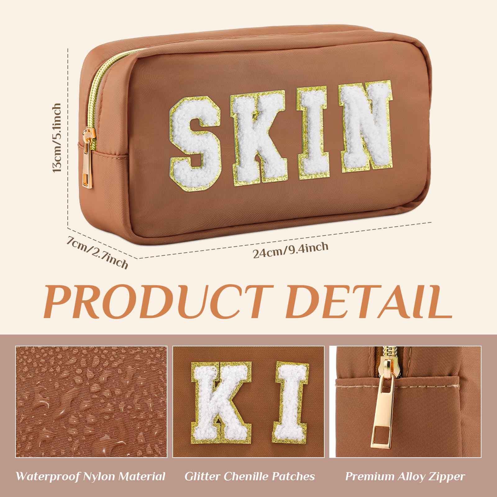 Cunno 4 Pcs Preppy Makeup Bags Chenille Letter Stuff Bag Nylon Cosmetic Pouch Cases with Zipper for Women Travel Toiletry(Brown Set,Vivid)