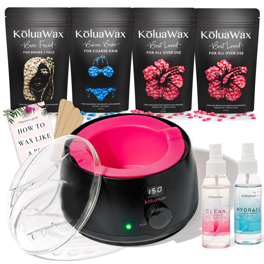 KoluaWax Premium Waxing Kit for Women - Hot Melt Hard Wax Warmer for Hair Removal, Eyebrow, Bikini, Legs, Face, Brazilian Wax - Machine, 4-Pack Beads, Accessories, Black