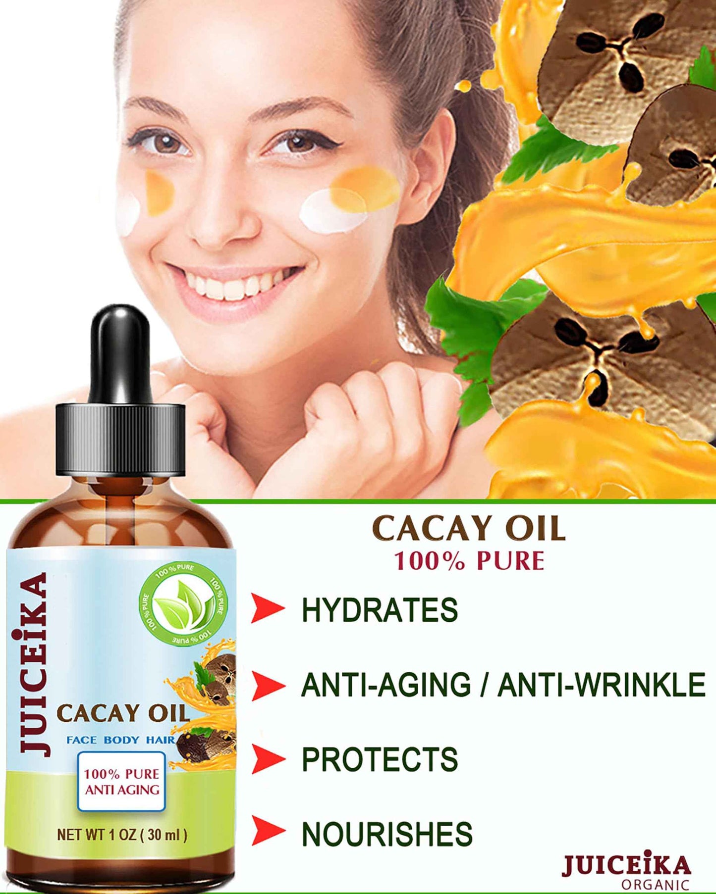 Juiceika CACAY OIL 100% Pure Natural Virgin Unrefined Cold-Pressed Carrier Oil 1 Fl oz 30 ml For Face, Skin, Body, Hair, Lip, Nails