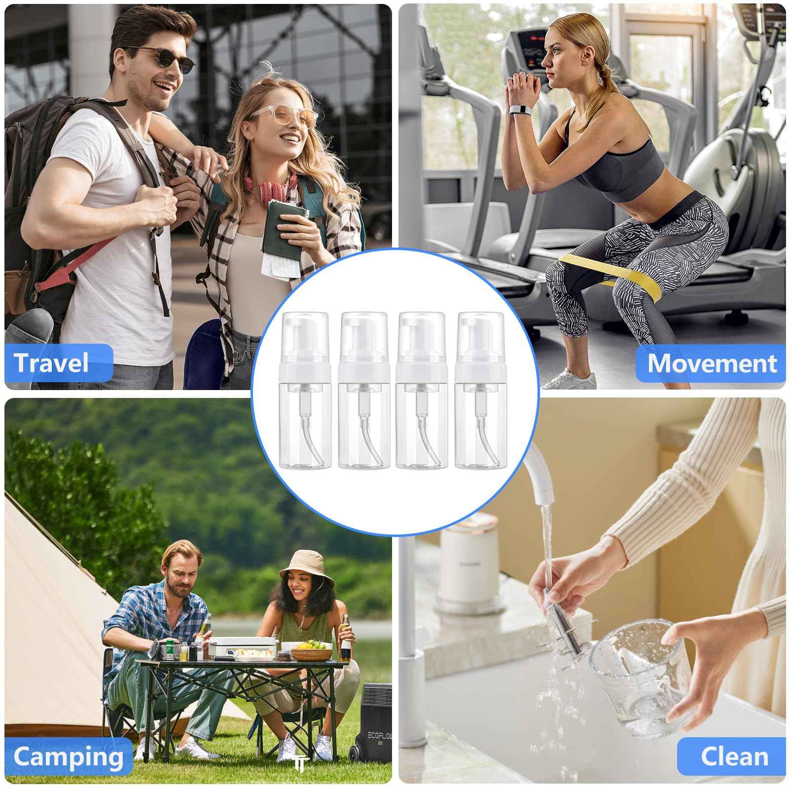 AskBed 4 Pack 3.4 Oz (100ml) TSA Approved Travel Size Foam Pump Bottles for Toiletries Clear Travel Size Bottles Leak Proof with Labels