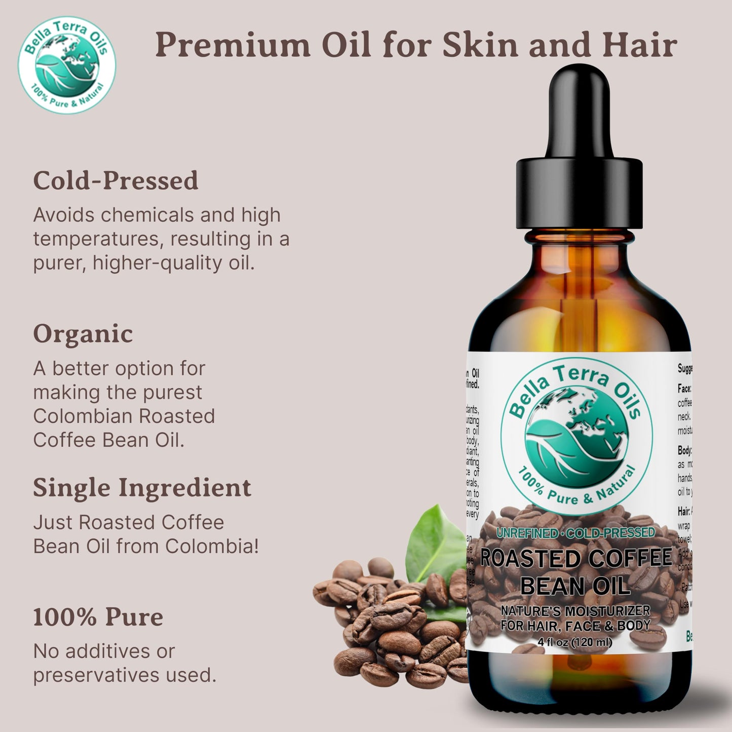 Bella Terra Oils - Roasted Coffee Bean Oil 4 oz - Dive into the Heart of Coffee Extract, Boosted with Essential Fatty Acids, A Luxurious Experience