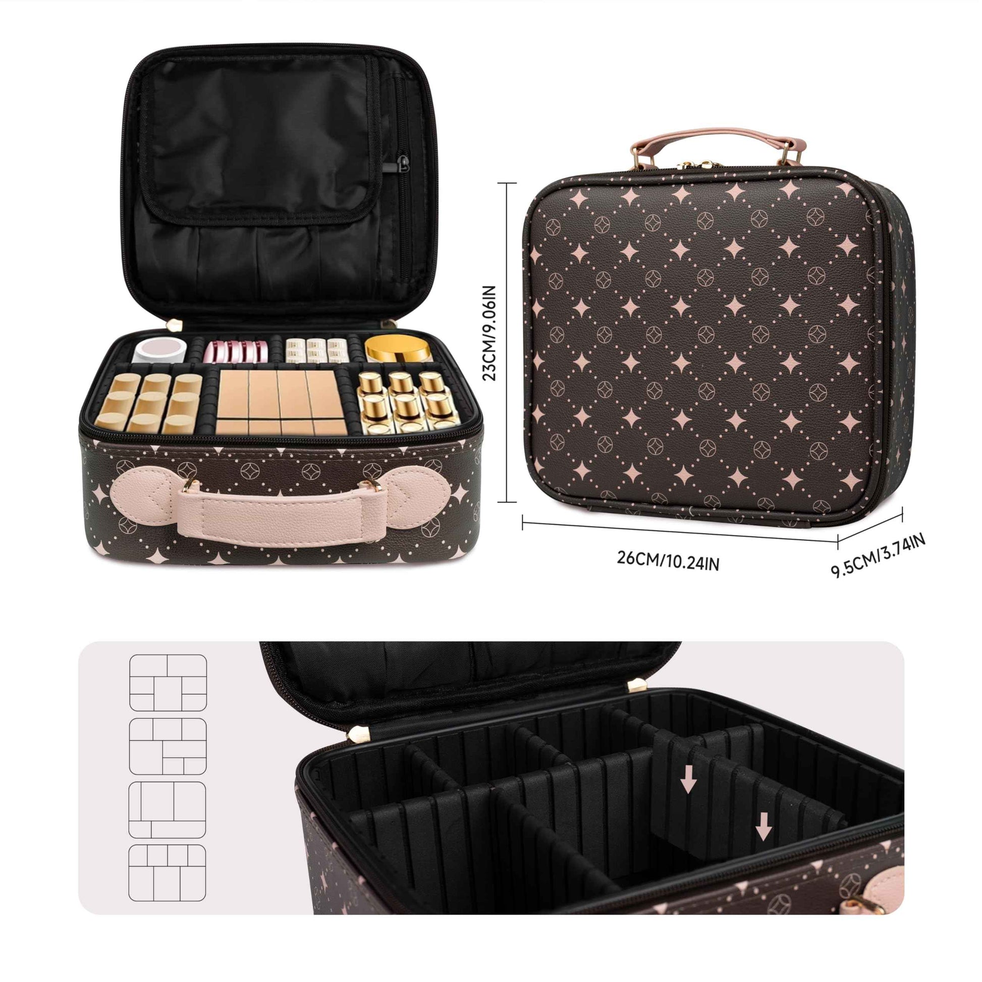 Travel Makeup Bag,Waterproof Cosmetic Organizer, Adjustable Dividers,Portability Cosmetic Train Case,Makeup organizer,Gift for Women,Girls Gift (Coffee+Pink)