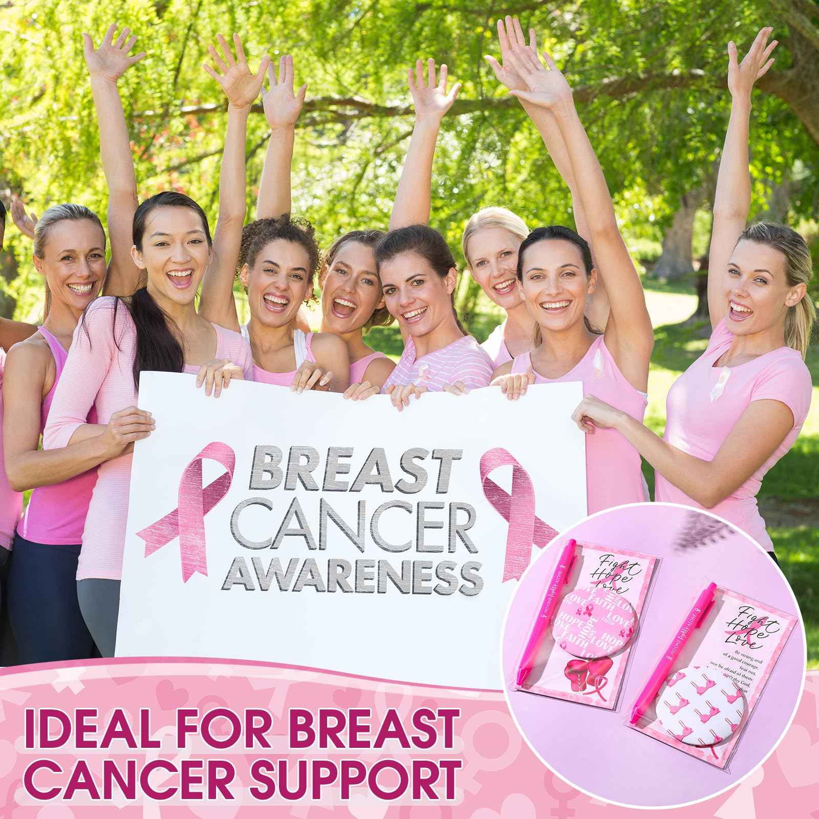 Pinkunn 75 Sets Breast Cancer Awareness Accessories Bulk Breast Cancer Gift for Women Compact Mirrors with Pink Ribbon Boxing Glove Design, Ballpoint Pens, Motivational Cards Charity Party Favors