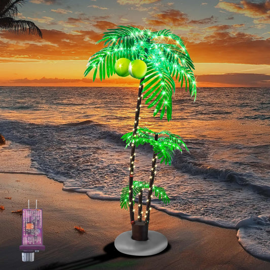 6FT Lighted Fake Palm Tree with 2 Trunks Artificial Palm Tree with LED Lights, for Home Decoration, Parties, Christmas, Nativity Scenes, and Outdoor Patios (6FT-3 Trunks)