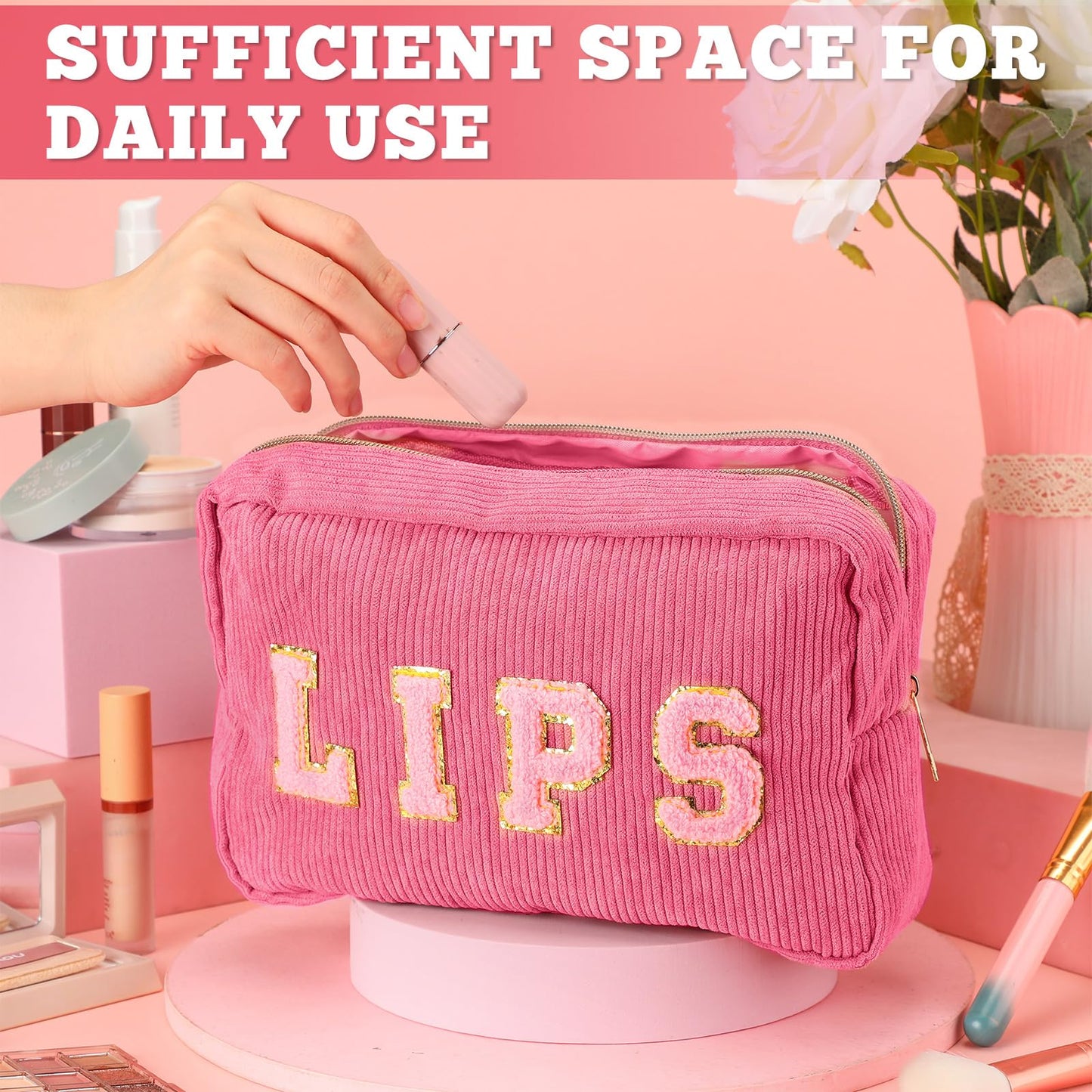 Pinkunn 4 Pcs Preppy Makeup Bag Cute Chenille Cosmetic Bags Face Eyes Lips Hair Corduroy Letter Patch Skin Zipper Patch Bags Travel Zipper Pouch Makeup Organizer for Women