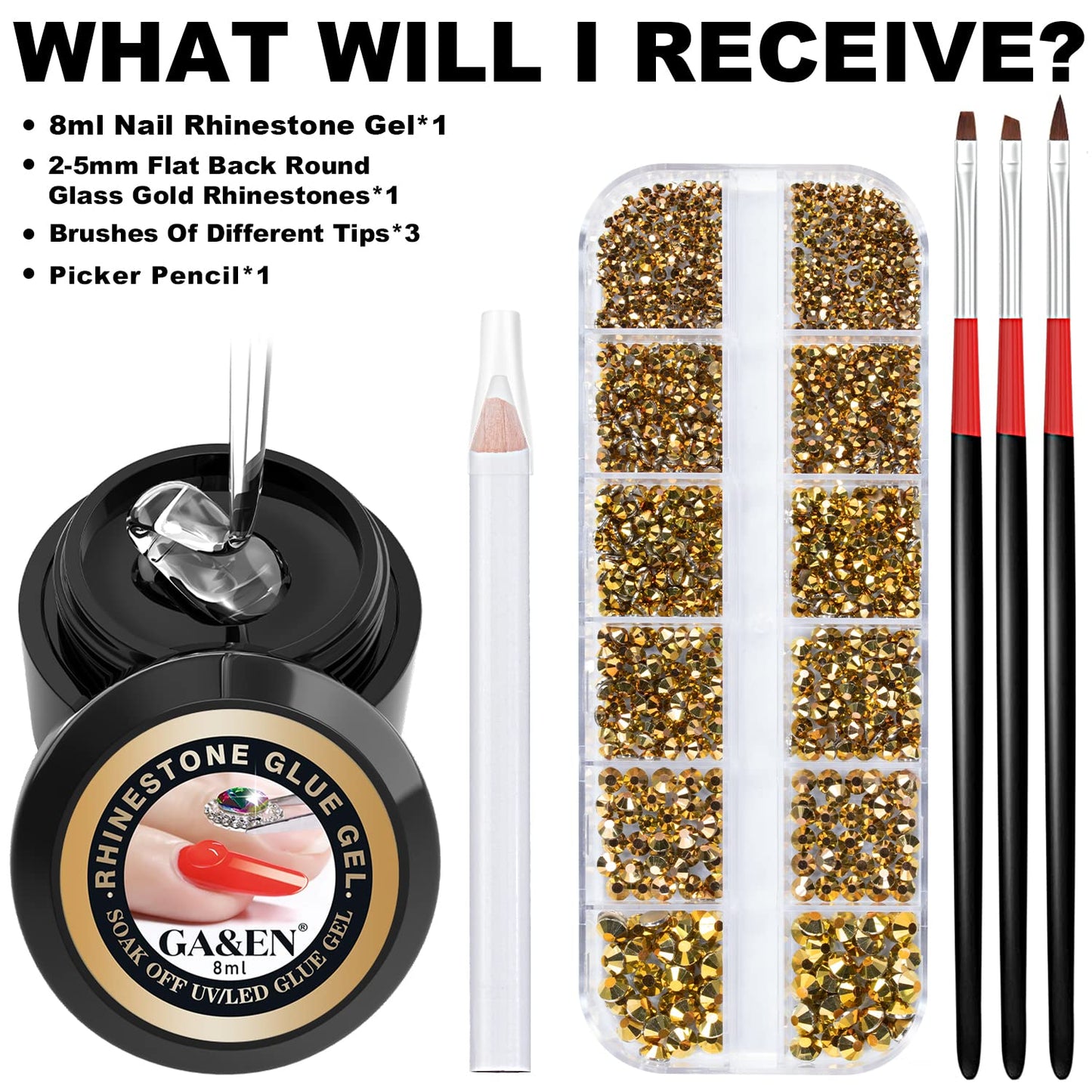 1PC 8ml WIPE-OFF Nail Art Rhinestone Glue Gel Adhesive + 1 Box 2-5mm Flat Back Round Glass Gold Rhinestones + 3PCS Glue Brush + 1PC Pickup pencil