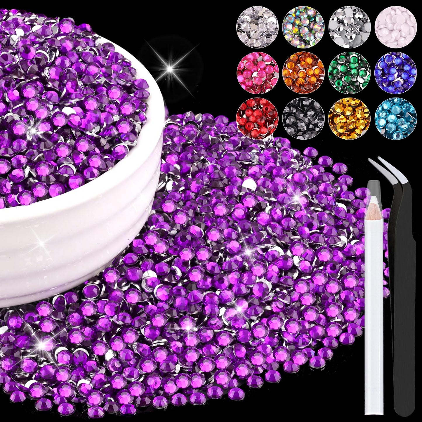 8000PCS 3mm Resin Rhinestones Bulk for Crafting (Dark Violet), Flatback Bedazzling Crystals for Crafts DIY Nail Decoration, Gems Charms for Tumbler Shoes Clothing Fabric with Pickup Pen and Tweezers