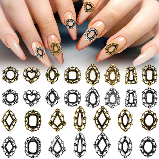 Pndeyo 60pcs 3D Metal Nail Charms, Frame Gothic Nail Art Charms, Retro Gold Silver Nail Jewels Art Decoration for Women Girls Acrylic Nail DIY Craft Design Manicure Accessories