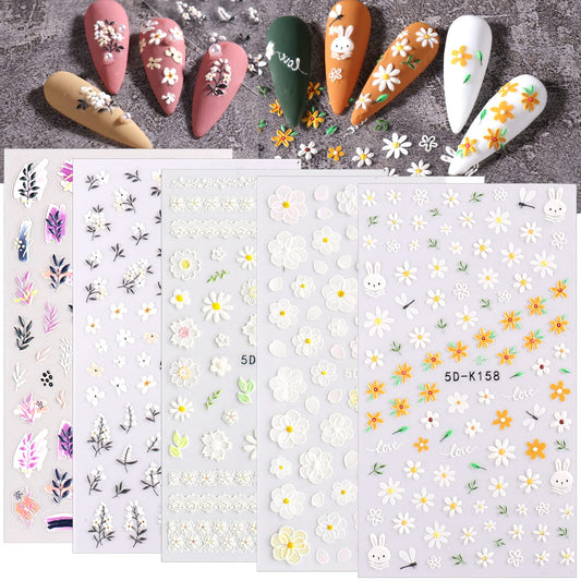 5D Leaf Flowers Nail Stickers For Nail Art Decor,Embossed Daisy Floral Nail Decals 3D Self-Adhesive Nail Supplies Leaves Rabbit Charms Spring Flower Stickers For Women Acrylic Nails Decorations,5sheet