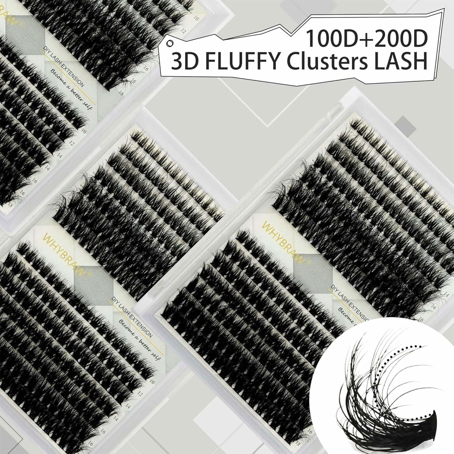 Lash Clusters Fluffy WHYBRAW DIY Lash Extension 280 Pcs Volume 100D 200D Cluster Eyelash Extension Thick Eyelashes Extension 10-18mm