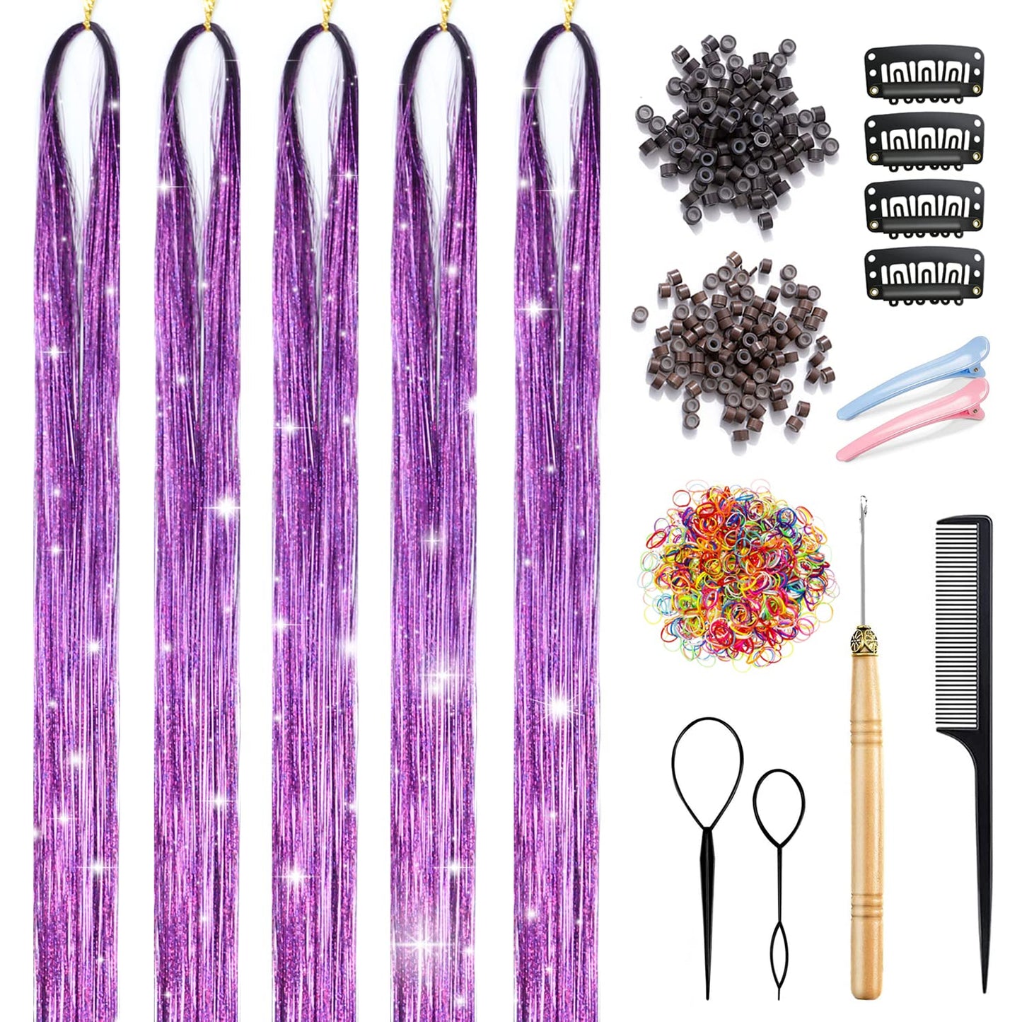 Purple Hair Tinsel Kit With Tools Tinsel Hair Extensions 48 Inches 1200 Strands Fairy Hair Tinsel Heat Resistant Glitter Hair Extensions Sparkling Shiny Hair Tensile for Women Girls Kids (Purple)